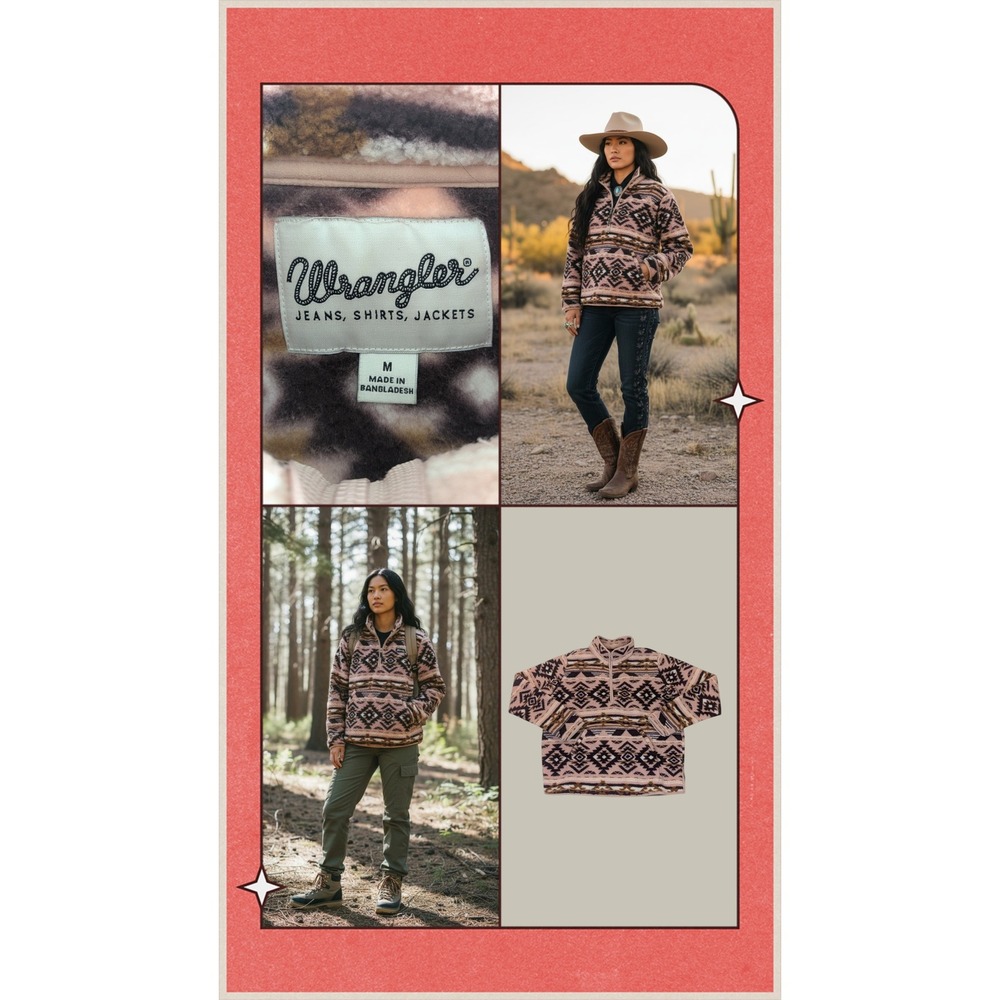 Wrangler Quarter Zip Sherpa M Rose Southwestern Cowgirl Pullover